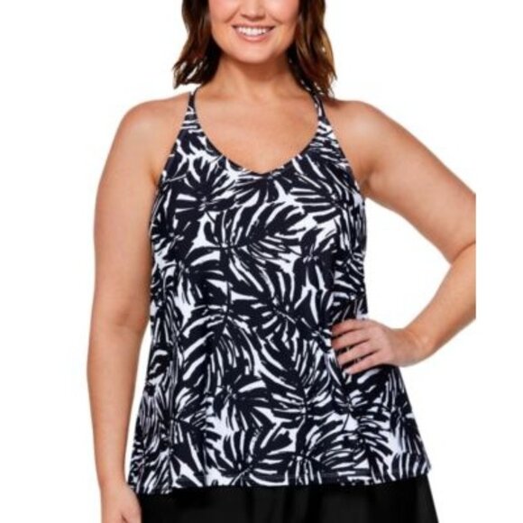 Island Escape Full Bust Support Underwire Tankini Top Palm Print Black White 20W - Picture 1 of 5